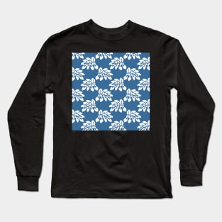 Blue White Tropical Leaf Pattern Long Sleeve T-Shirt